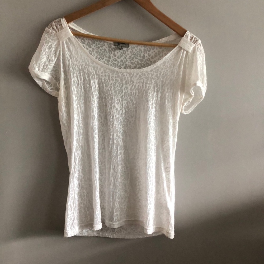 Guess White Leopard Burnout Sheer Short Sleeve Top Size Large